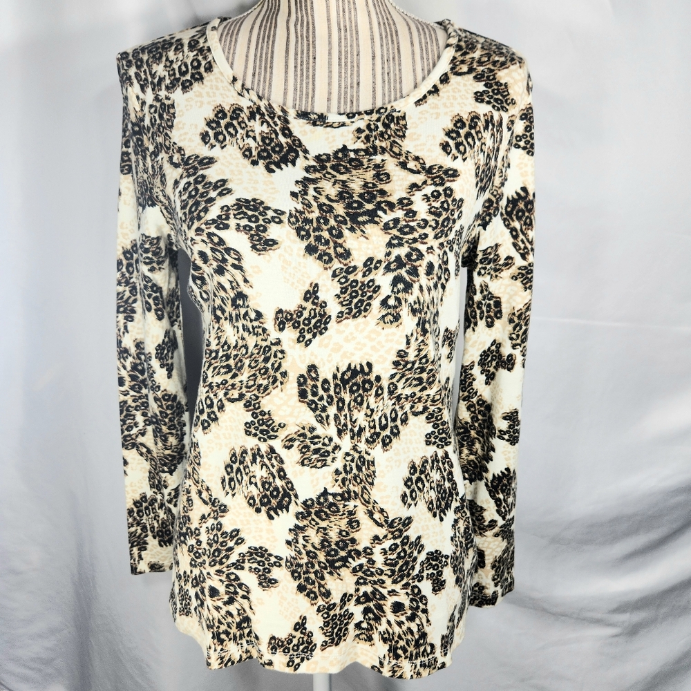 White Stag White Black Tan Animal Print Long Sleeve Top Size Medium (8-10)